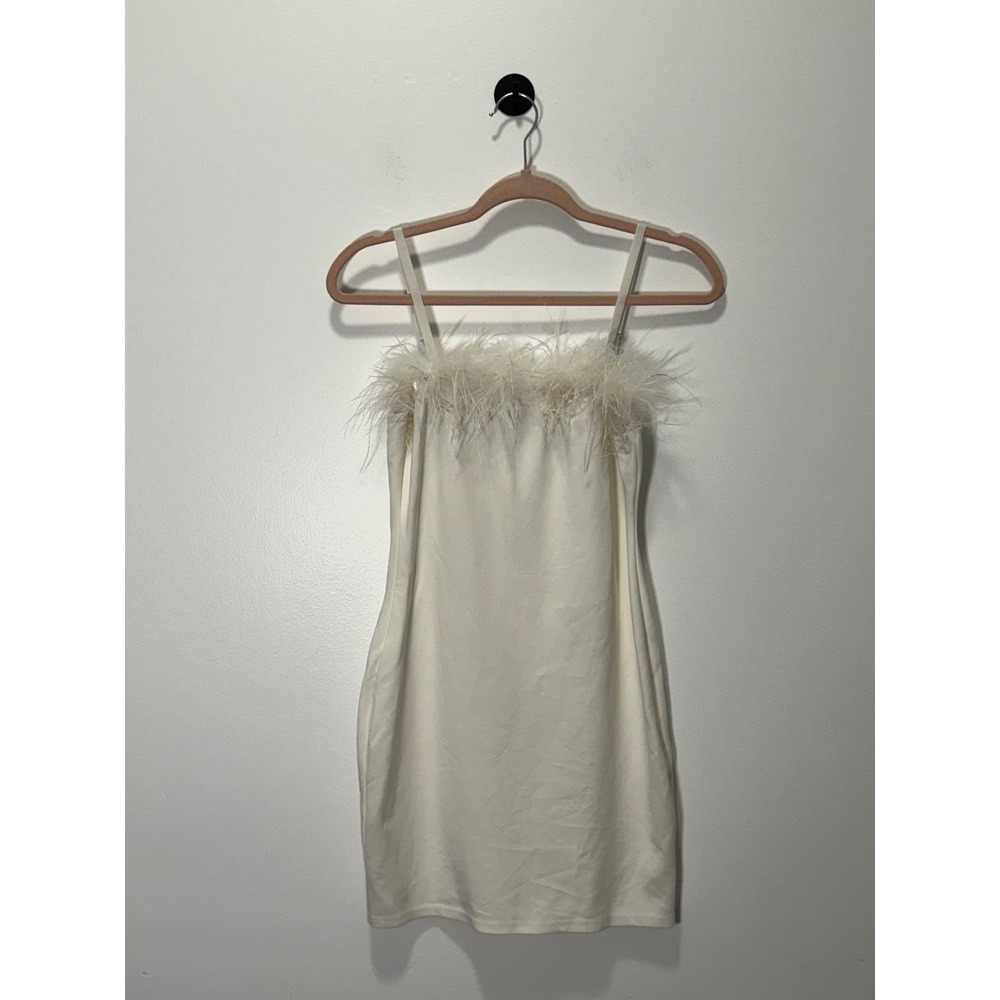 Fashion Nova Womens White Feather Trim Bodycon Mini Dress Size L Sleeveless